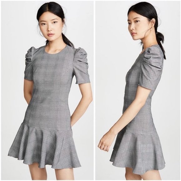 NWT Amanda Uprichard Bekah gray glen plaid puff sleeve dress